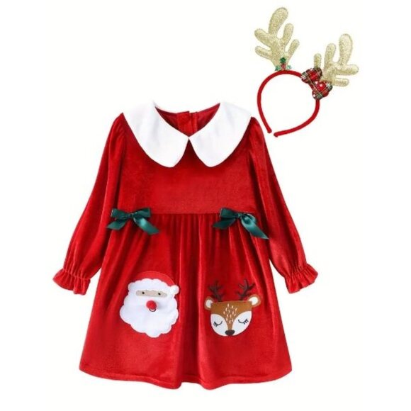 Christmas Santa Reindeer Girls Red Long Sleeve Velour Dress & Headband - Picture 1 of 6